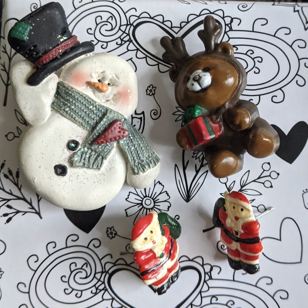 2 Christmas pins and vintage Santa earrings
